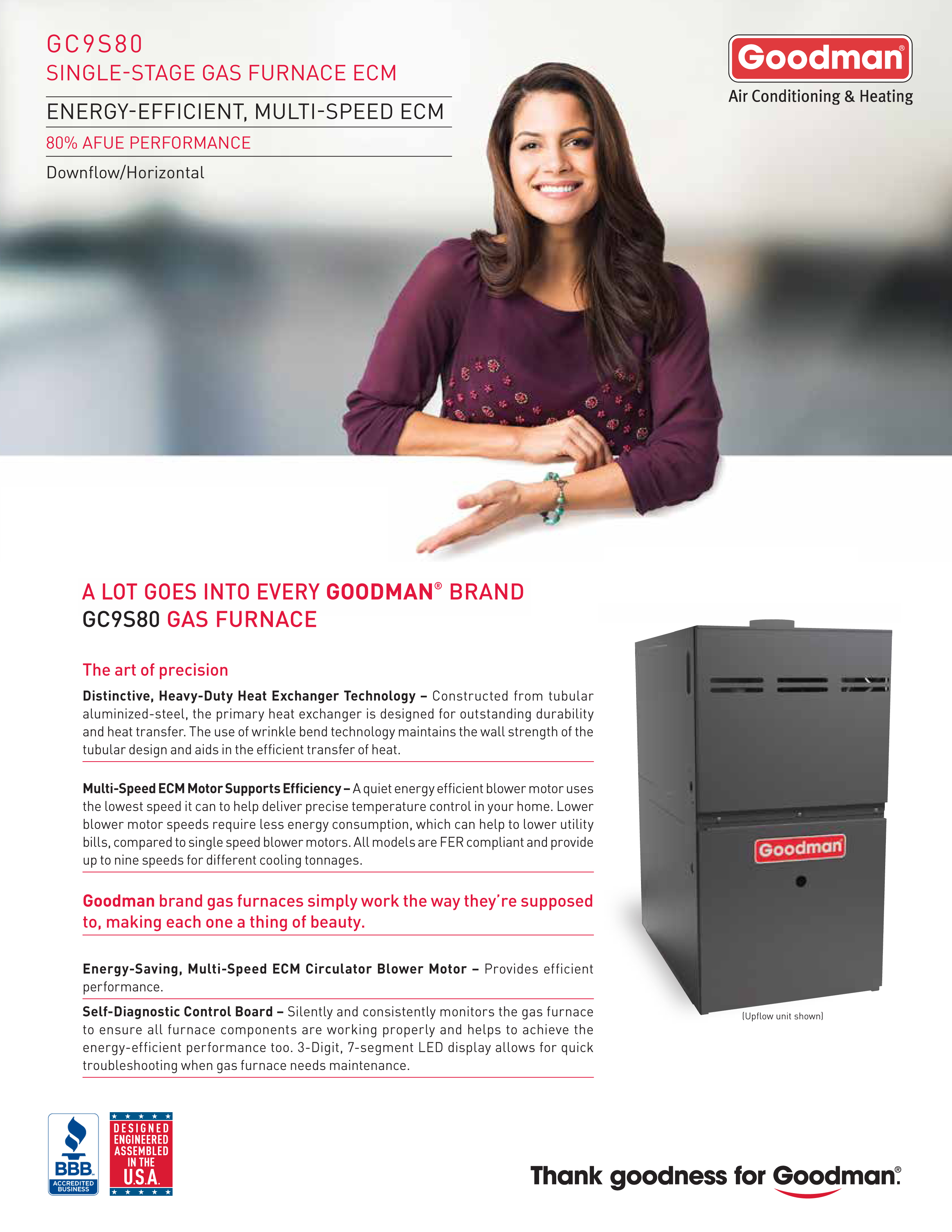 Goodman 80% Single Stage 100K BTU Gas Furnace, GC9S801005CN DOWN-FLOW